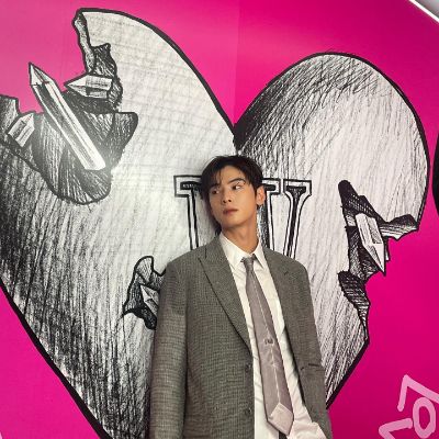 Cha Eun-woo took a picture in a metallic gray suit.